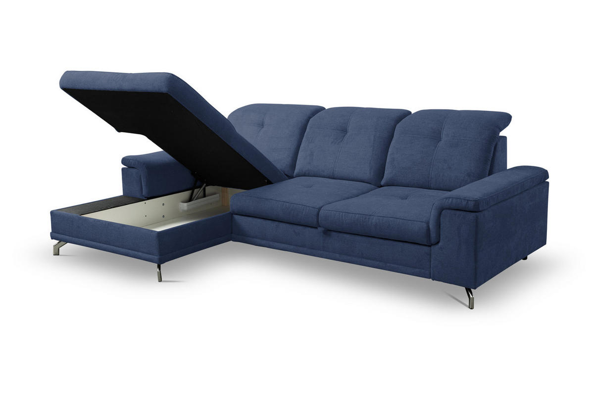 ECKSOFA PANAMA mit Schlaffunktion und Bettkasten, Farbe: Dunkelblau, Velourstoff, Ottomane Links - Dunkelblau, Textil (270/180cm) - VENASI MÖBEL
