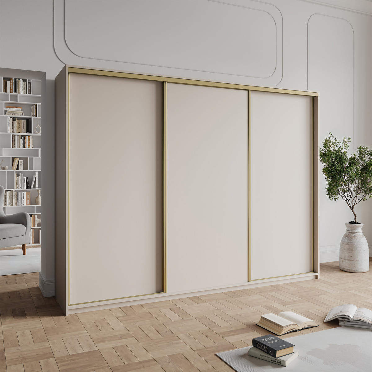 SCHWEBETÜRENSCHRANK NISSE 250/205/60 cm 3-türig mit Schubladen Kaschmir - Kaschmir/Goldfarben, Holzwerkstoff (250/205/60cm) - MASSENO