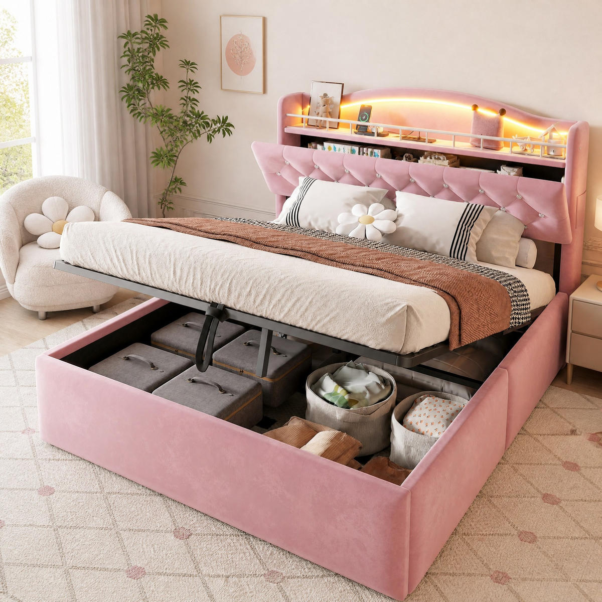 POLSTERBETT 140/200 mit Bettkasten, LED und USB-C in Rosa - Rosa, Holzwerkstoff/Textil (140/200cm) - EVRYAE