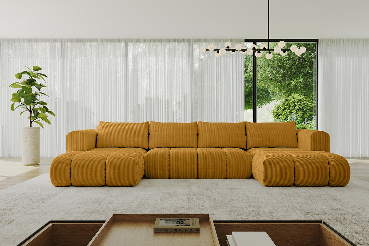 WOHNLANDSCHAFT Ottomane Links CLOUD-U 414x180x40 Senfgelb Cord - Currygelb, Holzwerkstoff/Kunststoff (414/90/180cm) - ALTDECOR
