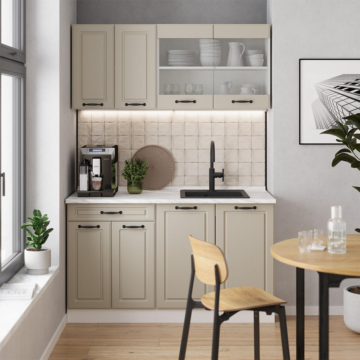 SINGLEKÜCHE R-Line, Sand Landhaus/Weiß, 140 cm Arbeitsplatte Anthrazit - Beige/Weiß, Holzwerkstoff (140/81.6/60cm) - Vicco