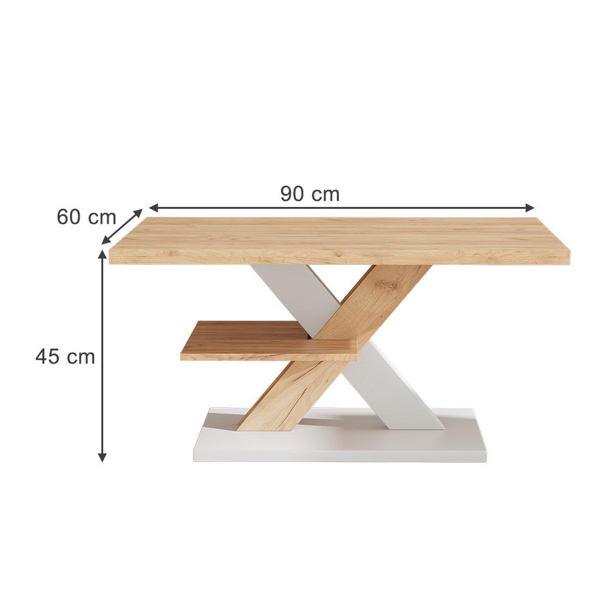 COUCHTISCH Arivo Eiche/Weiß 90 x 60 cm mit Ablage - Eichefarben/Weiß, Holzwerkstoff (60/90/45cm) - Vicco