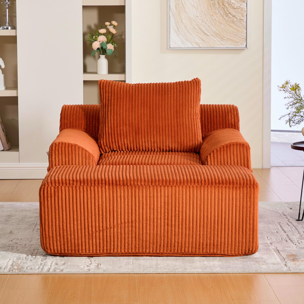 SOFA Cord Orange mit Fußhocker, Seitentaschen und Kissen - Orange, Textil (110/67/147cm) - WISHDOR