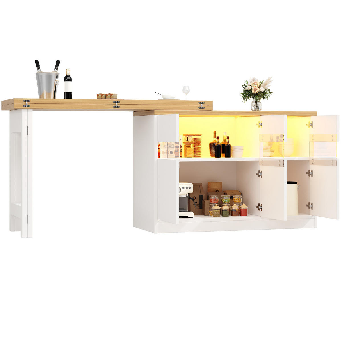 BARTISCH ausziehbar mit LED-Lichtleiste & Stauraum, 120-180/40/71,5 cm, Weiß - Weiß, Holzwerkstoff (40/71.5/107cm) - Redom