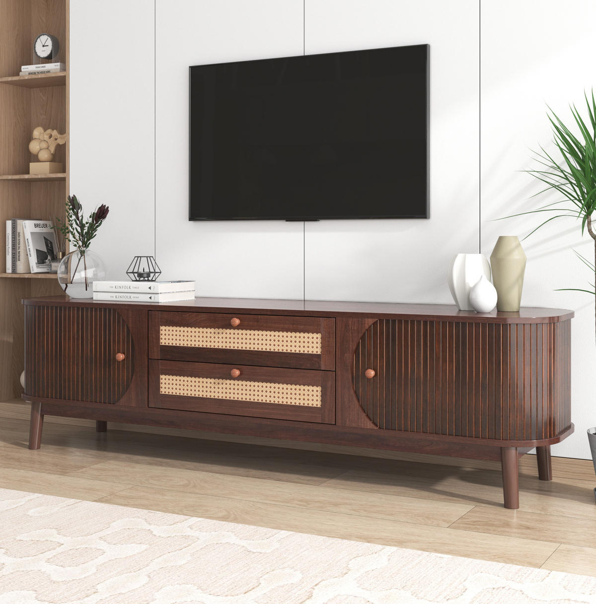 TV-SCHRANK in Holzoptik mit Rattan-Schubladen und Schiebetür 170/39.5/46 cm - Naturfarben, Holzwerkstoff (170/46/39.5cm) - Redom
