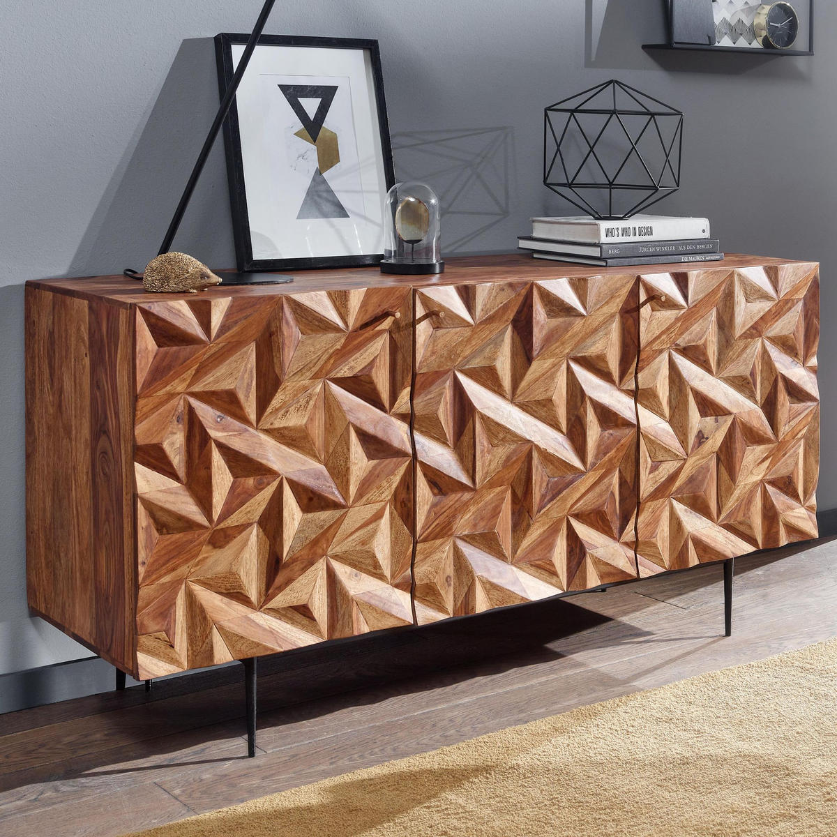 SIDEBOARD – "Metallux", Massivholz, braun, 3D-Oberfläche, modern - Schwarz/Braun, Holz/Metall (144/72/47cm) - KADIMA DESIGN