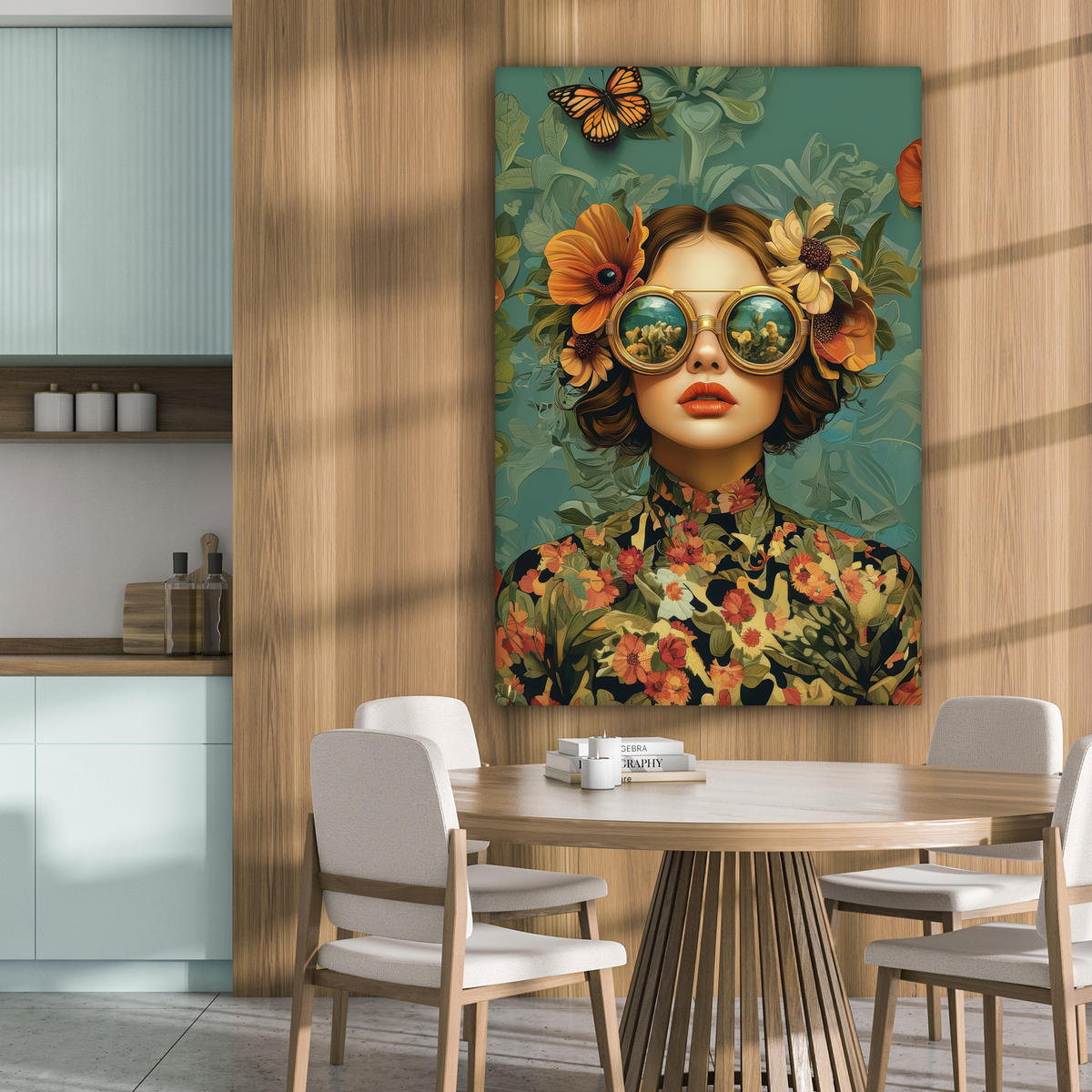 LEINWANDBILD Frau - Blumen - Schmetterlinge - Natur - Vintage Deko XXL 80x120 cm - Salbeigrün, Textil (80/120cm) - MuchoWow