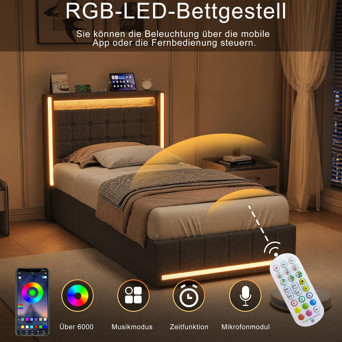 OBLAZINJENA postelja 90x200 cm siva z LED osvetlitvijo, vzglavjem za shranjevanje in 2 predaloma - siva, les (90/200cm)