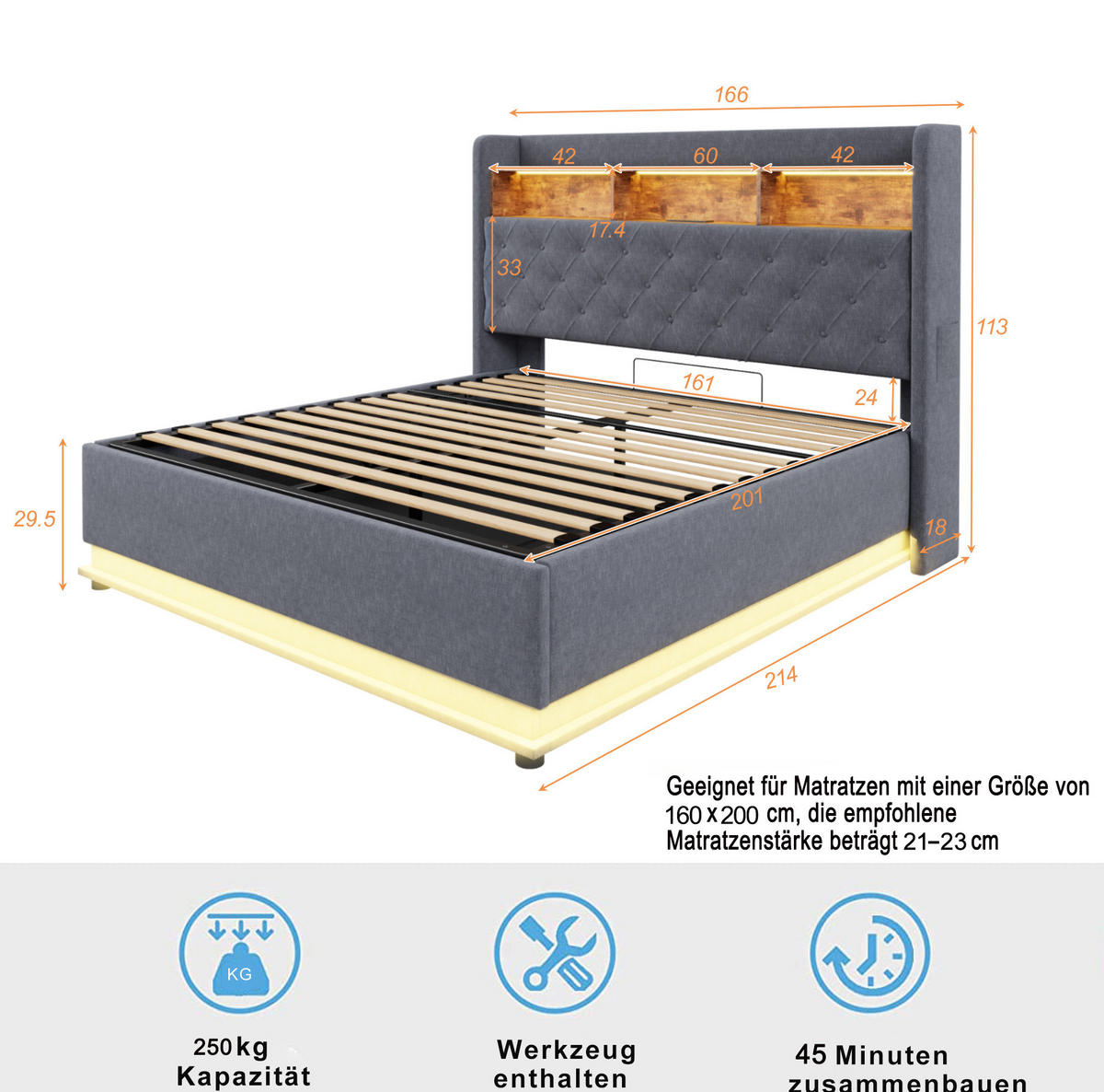 ČALÚNENÁ posteľ 160/200 cm sivá s LED osvetlením USB a hydraulickým úložným priestorom z ľanovej látky - sivá, textil (160/200cm) - OKWISH
