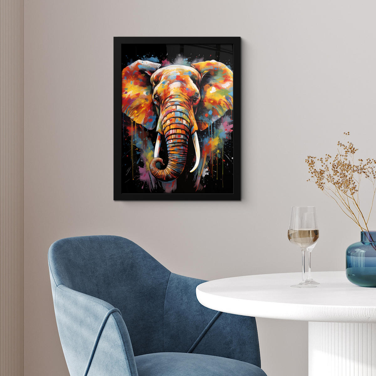 GERAHMTES BILD Elefant - Graffiti - Schwarz - Tiere - Farben 30x40 cm - Schwarz, Papier (30/40cm) - MuchoWow