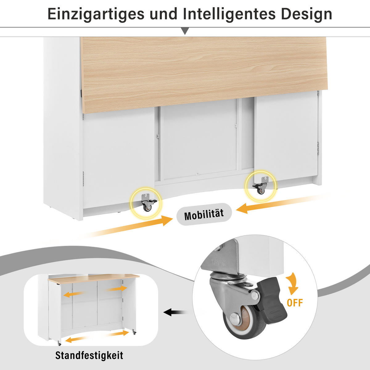 KÜCHENINSEL in Naturfarbe und Weiß Servierwagen mit Stauraum für Esszimmer und Küche, B110/T34/H97.5 cm - Weiß, Holzwerkstoff/Metall (110/97.5/34cm) - STILVORA
