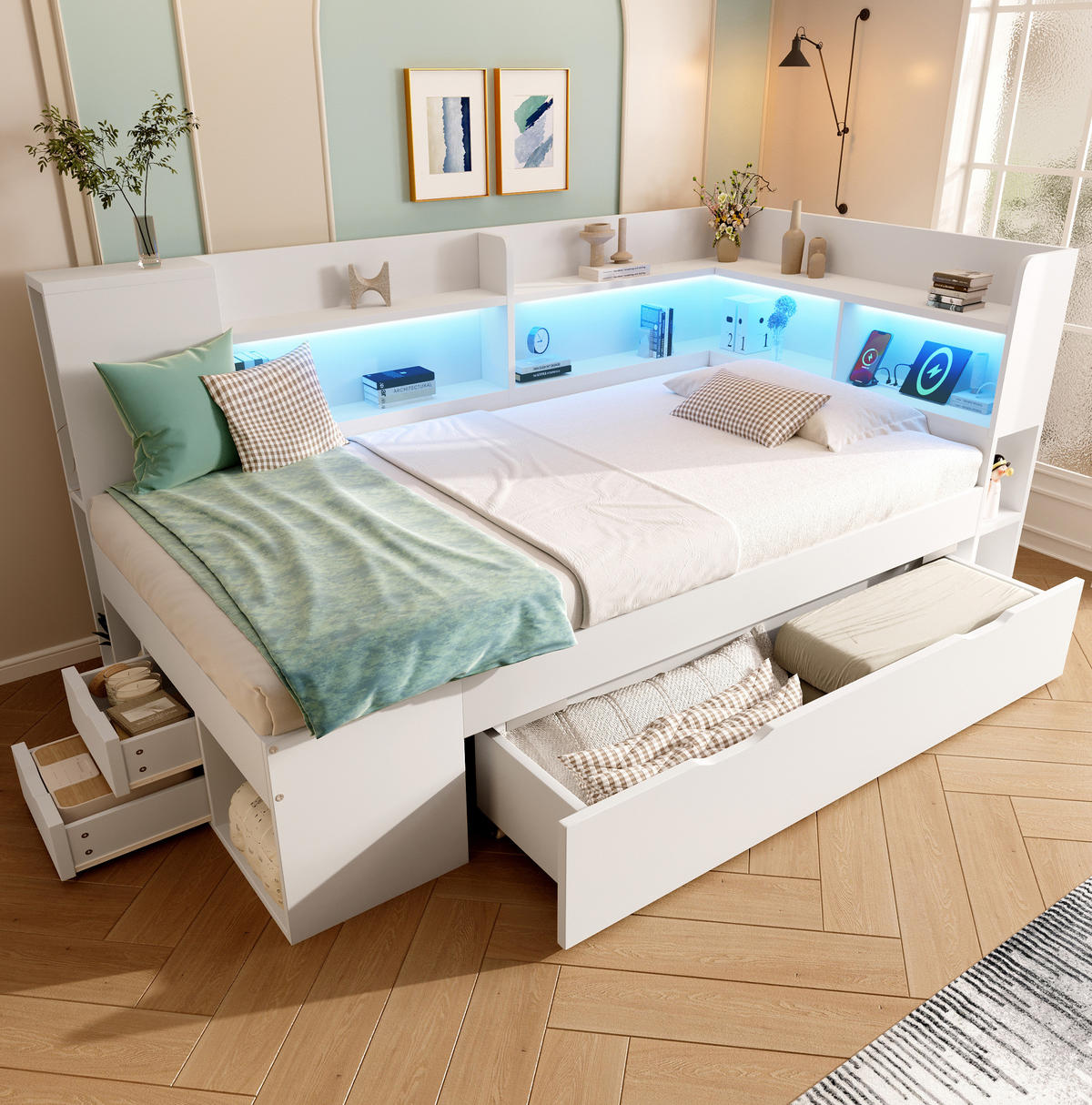 POLSTERBETT 90/200 cm aus Holzwerkstoff mit LED-Beleuchtung, USB- und Typ-C-Anschluss, Stauraum und Lattenrost, Weiß - Weiß, Textil (90/200cm) - Redom
