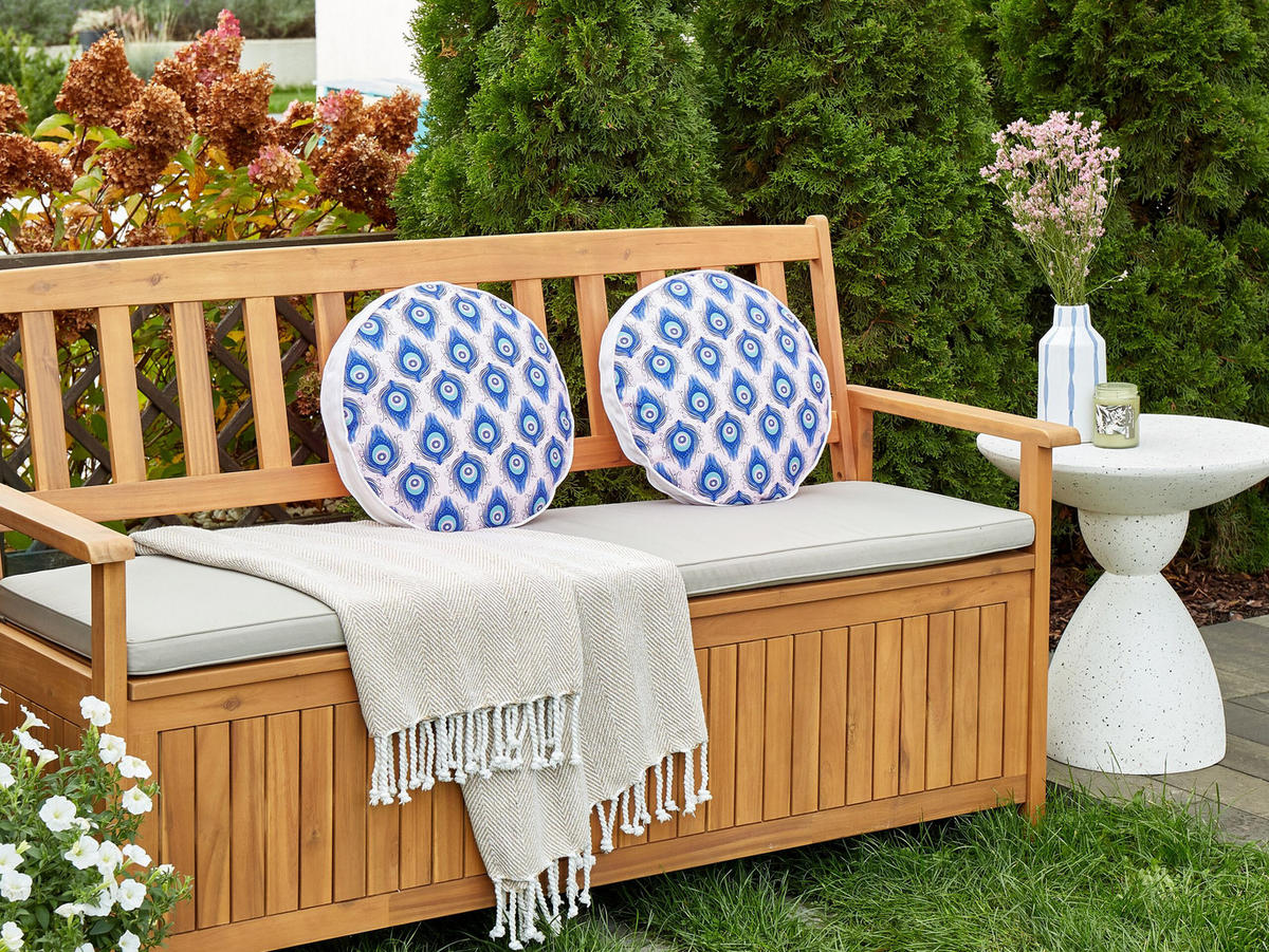 OUTDOOR-KISSEN 2er-Set Pfauenmuster blau/rosa 40 cm Ceriana - Blau, Textil (40/40cm) - Beliani