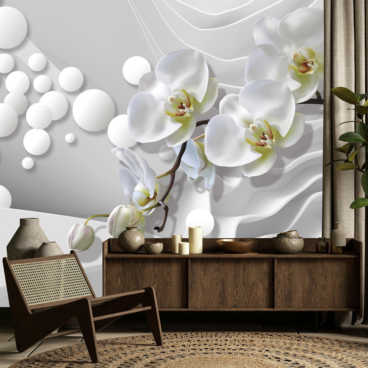 FOTOTAPETE für Badezimmer Geometrische Abstraktion Weiße Orchideen Blumen 300x210 - Gelb/Weiß, Papier (300/210cm) - Muralo