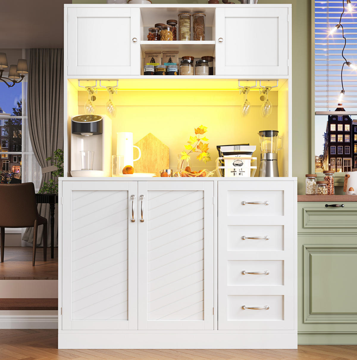 BUFFETSCHRANK 120/40/188 cm mit LED-Beleuchtung, 4 Türen, 2 Schubladen, Getränkehaltern und MDF-Korpus, Weiß - Weiß, Holzwerkstoff (120/188/40cm) - Redom