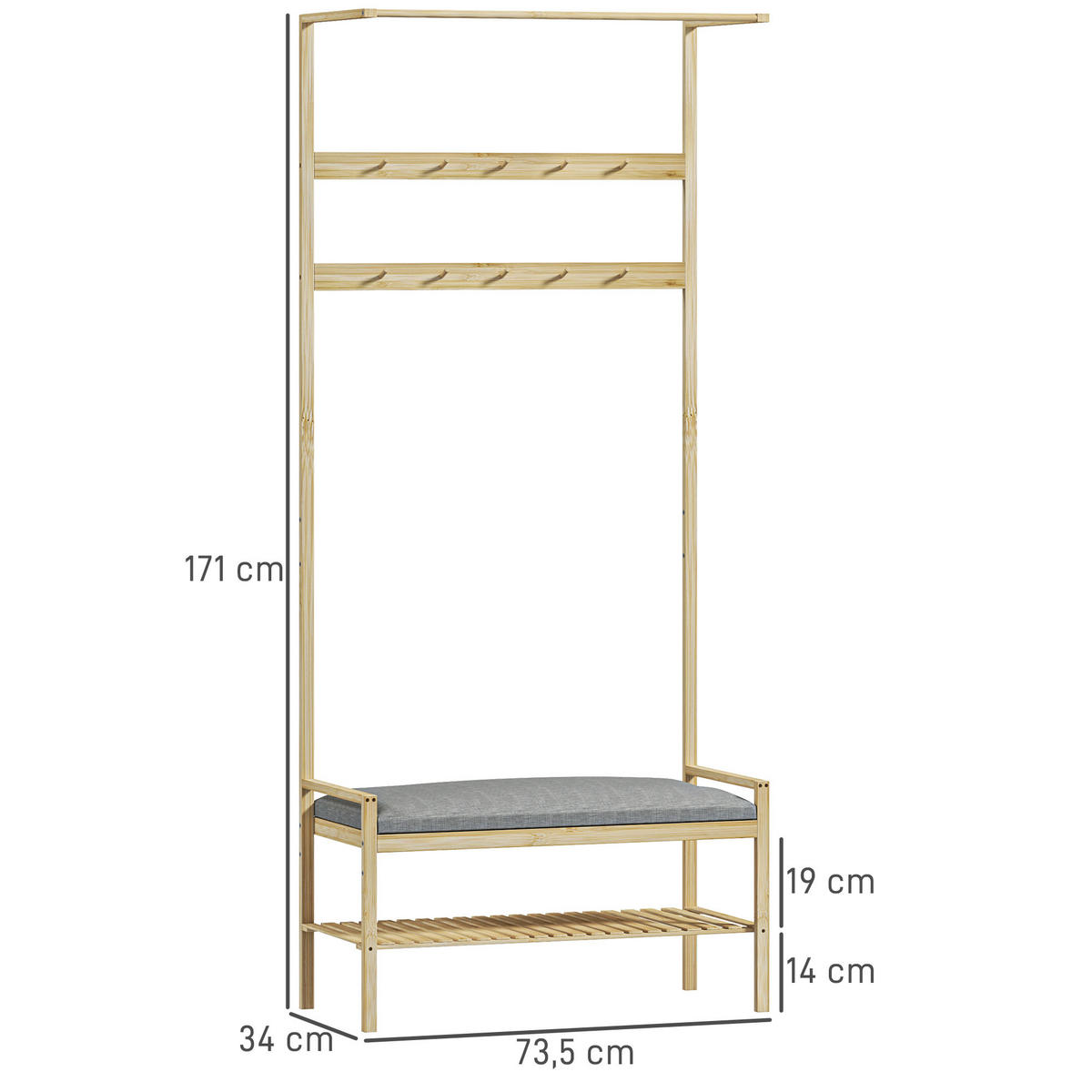 GARDEROBENSTÄNDER mit Schuhbank, Kleiderständer mit Haken, Schuhregal, Natur - Naturfarben, Naturmaterialen (34/171/73.5cm) - HOMCOM