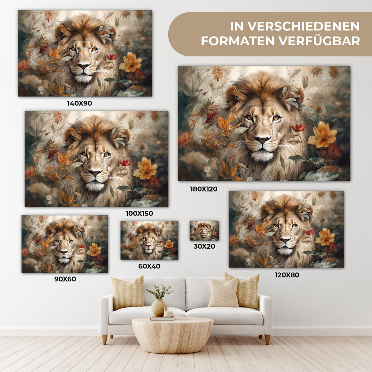 LEINWANDBILD Löwe - Wildtiere - Pflanzen - Natur - Blumen Groß 140x90 cm - Beige, Textil (140/90cm) - MuchoWow