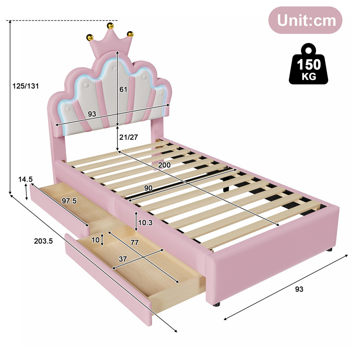 KINDERBETT Kindereinzelbetten 90/200 cm mit verstellbarem Kopfteil, LED-Beleuchtung, 2 Schubladen und PU-Bezug, Weiß/Rosa - Rosa, Kunststoff (90/200cm) - Redom