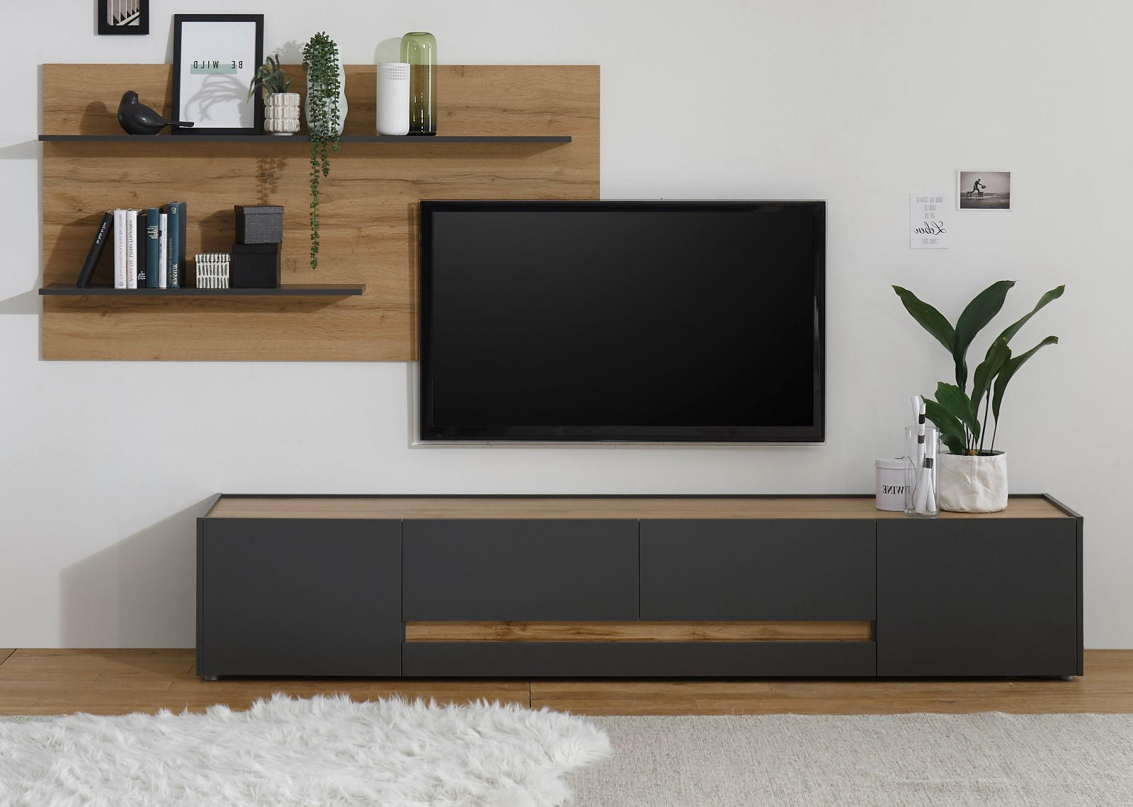 WOHNWAND 2-teilig grau matt, Eiche Wotan 300 cm, Wohnkombination mit XXL Lowboard - Eiche Wotan/Grau, Holz/Holzwerkstoff (300/180/45cm) - Furn.Design
