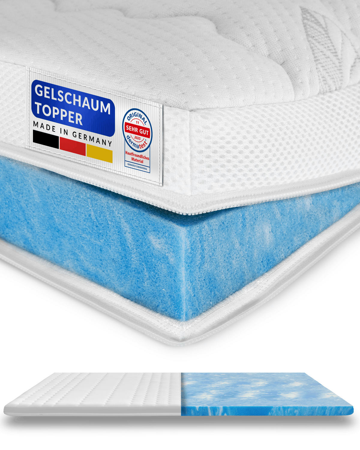 GELOVÁ pěnová vrchní deska 180/220 cm - výška 6 cm a potah Tencel - bílá, textil (180/220cm) - AM Qualitätsmatratzen