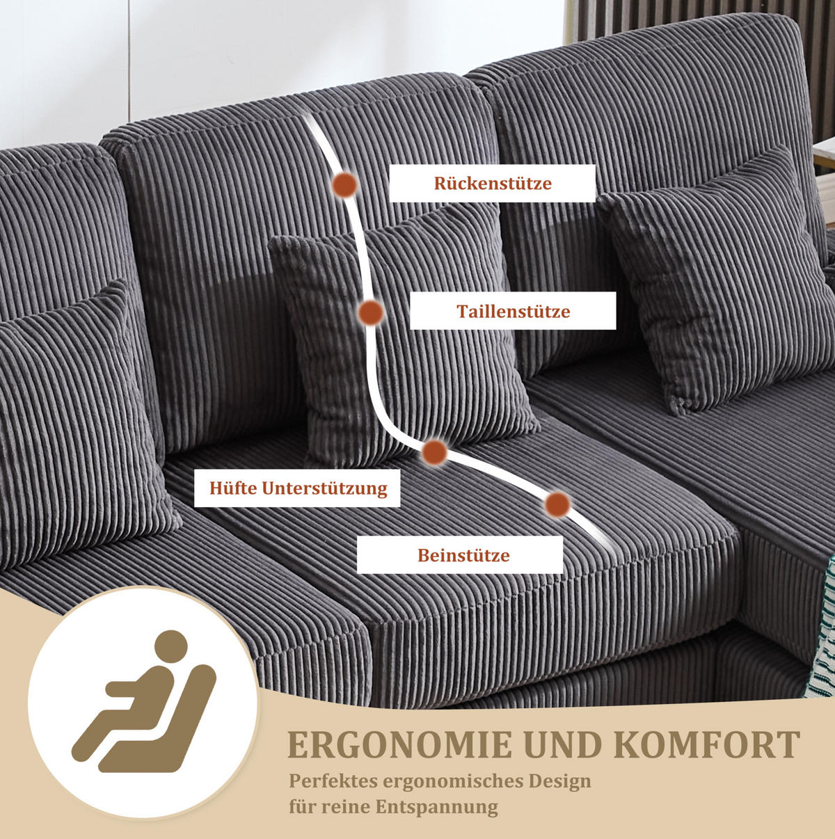 U-FORM Wohnlandschaft Samt mit LED und USB-Anschluss 265/135/88 cm Grau - Grau, Textil (135/88/265cm) - Redom