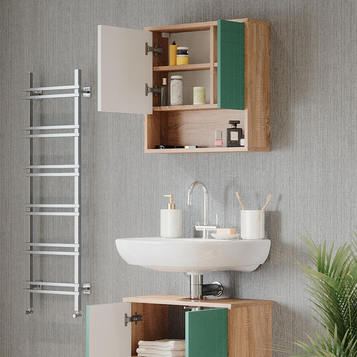 KOUPELNOVÁ ZRCADLOVÁ SKŘÍŇKA Agasta Mátově zelená - Sonoma dub/mátově zelená, kompozitní dřevo (54/53/16cm) - Vicco