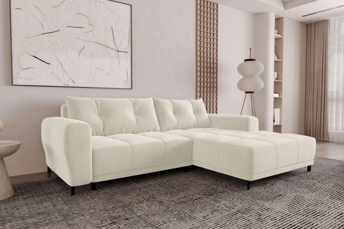 ECKSOFA Massimo Cordstoff Creme inkl. Schlaffunktion Rechts - Creme/Schwarz, Textil/Metall (246/177cm) - 99rooms