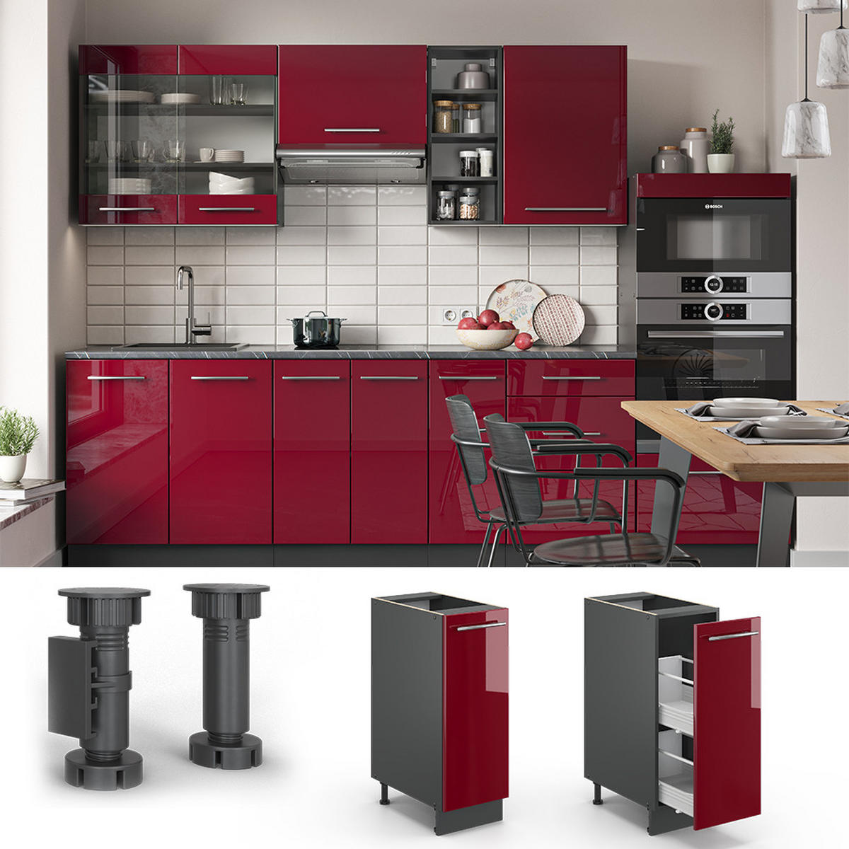 APOTHEKERUNTERSCHRANK Fame-Line Bordeaux Hochglanz 30 cm, AP Anthrazit - Bordeaux/Anthrazit, Holzwerkstoff (30/82/60cm) - Vicco