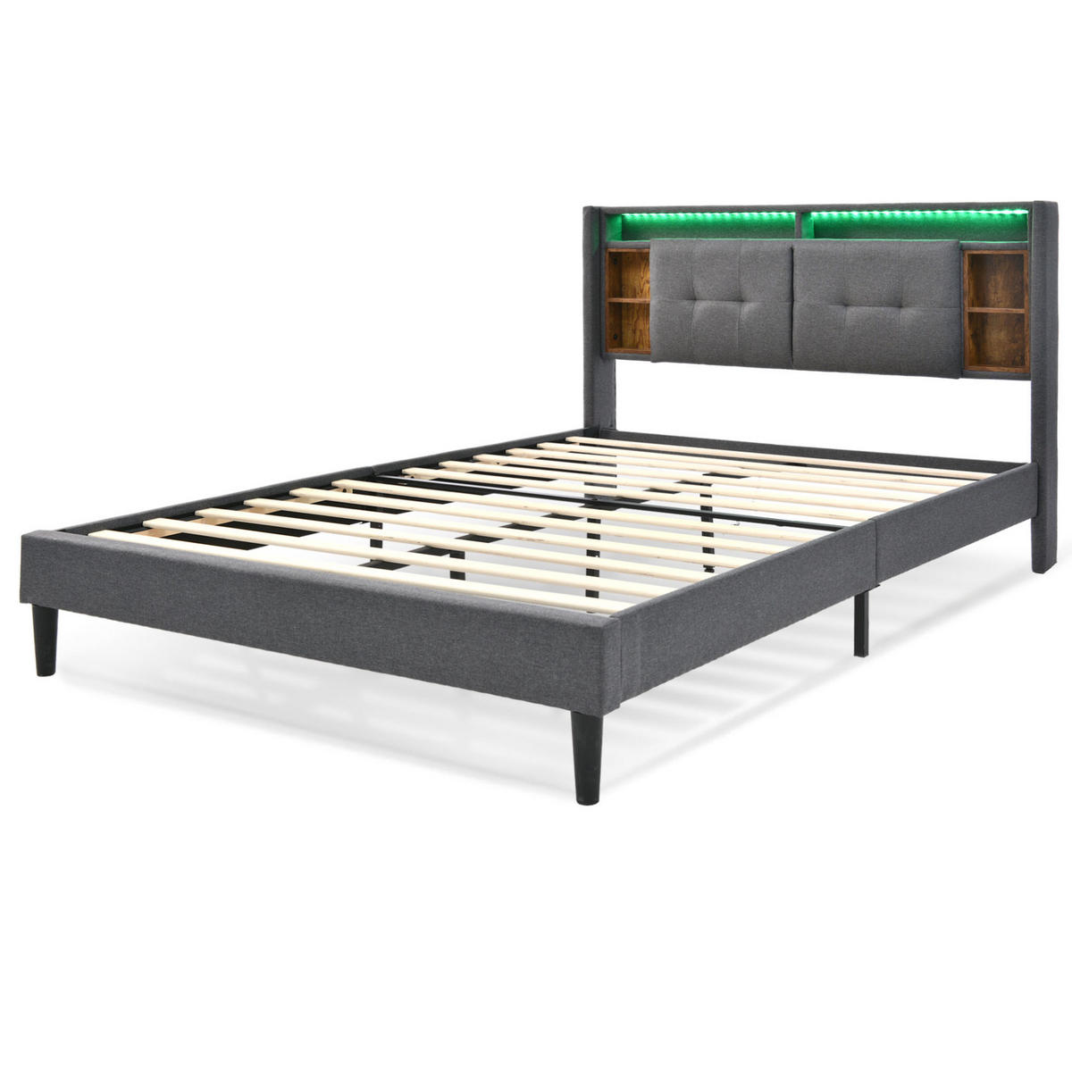 ČALOUNĚNÁ postel 140/200 cm šedá z masivního dřeva s úložným čelem USB a LED - šedá, dřevo (140/200cm) - OKWISH