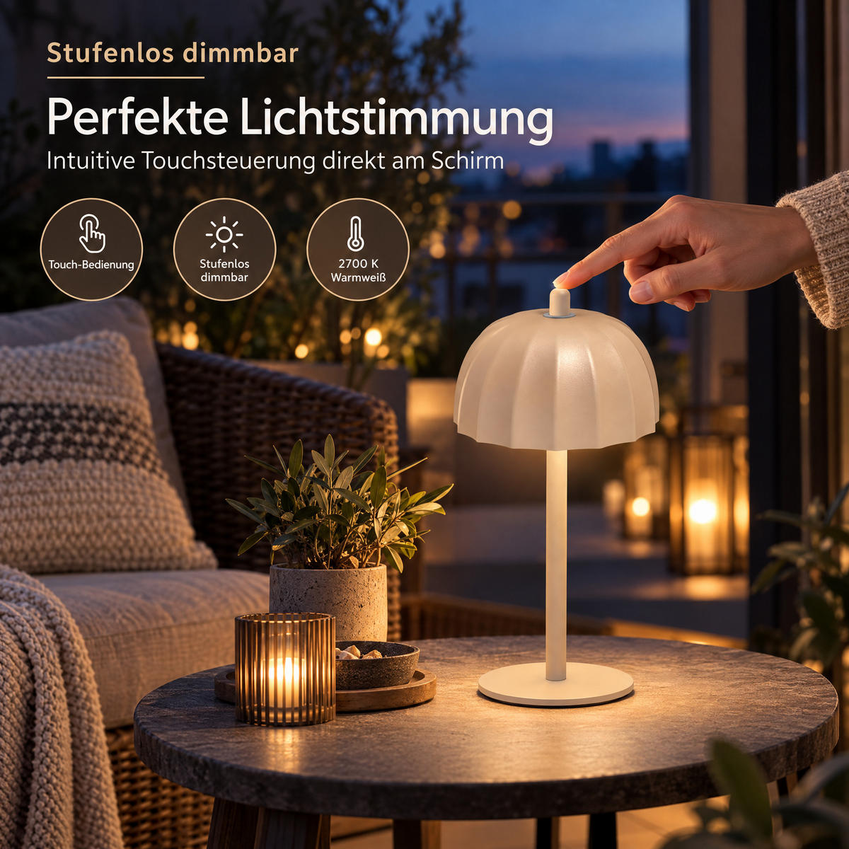 LED-TISCHLEUCHTE Umbrella schwarz 21cm Metall 2er-Set beige - Beige, Metall (10/10/21cm) - Northpoint