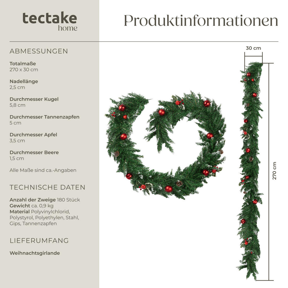 WEIHNACHTSGIRLANDE ,mit Schlaufe zum Aufhängen,rot/grün - Rot/Grün, Kunststoff (270cm) - tectake