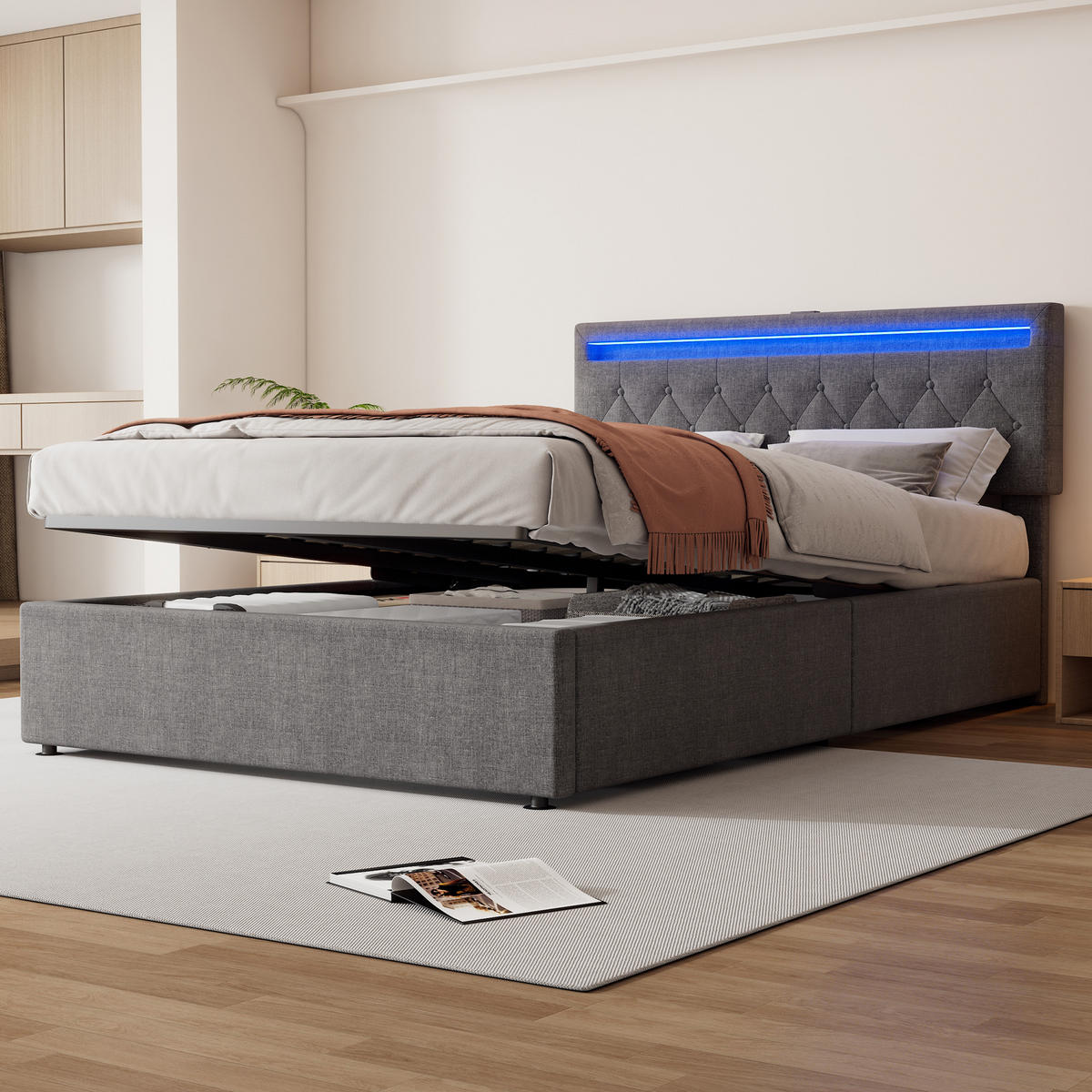 FLACHBETT 140x200cm Grau gepolstert LED Hydraulik USB-C Stauraum - Grau, Holz (140/200cm) - FLIEKS