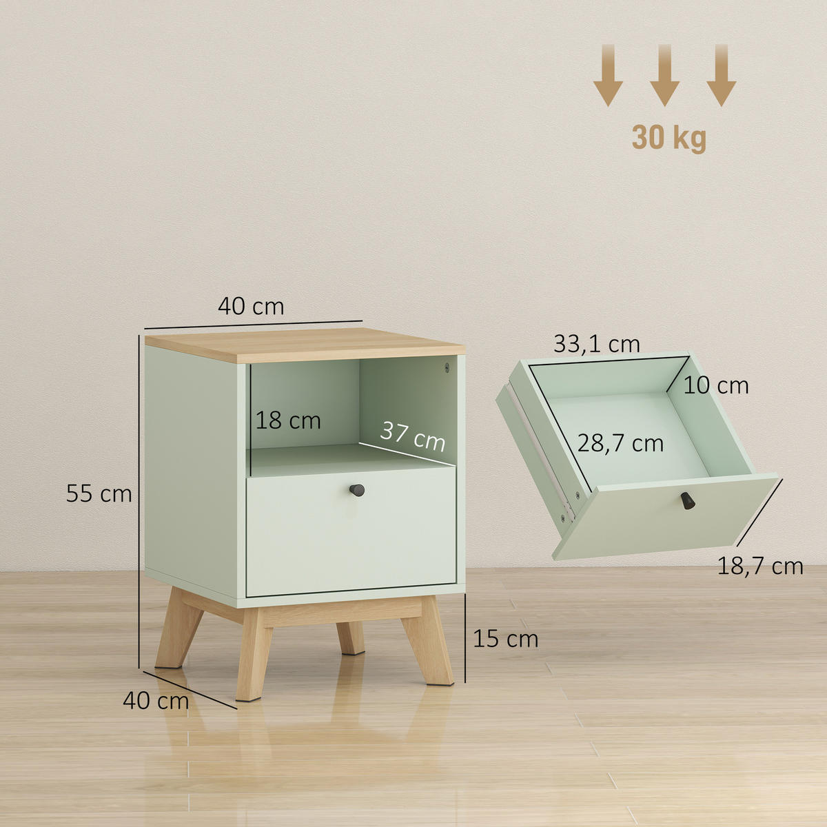 NACHTTISCH Eichenoptik Hellgrün MDF mit Schublade und offenem Fach 2er-Set - Hellgrün, Holzwerkstoff (40/55/40cm) - PANGIVO