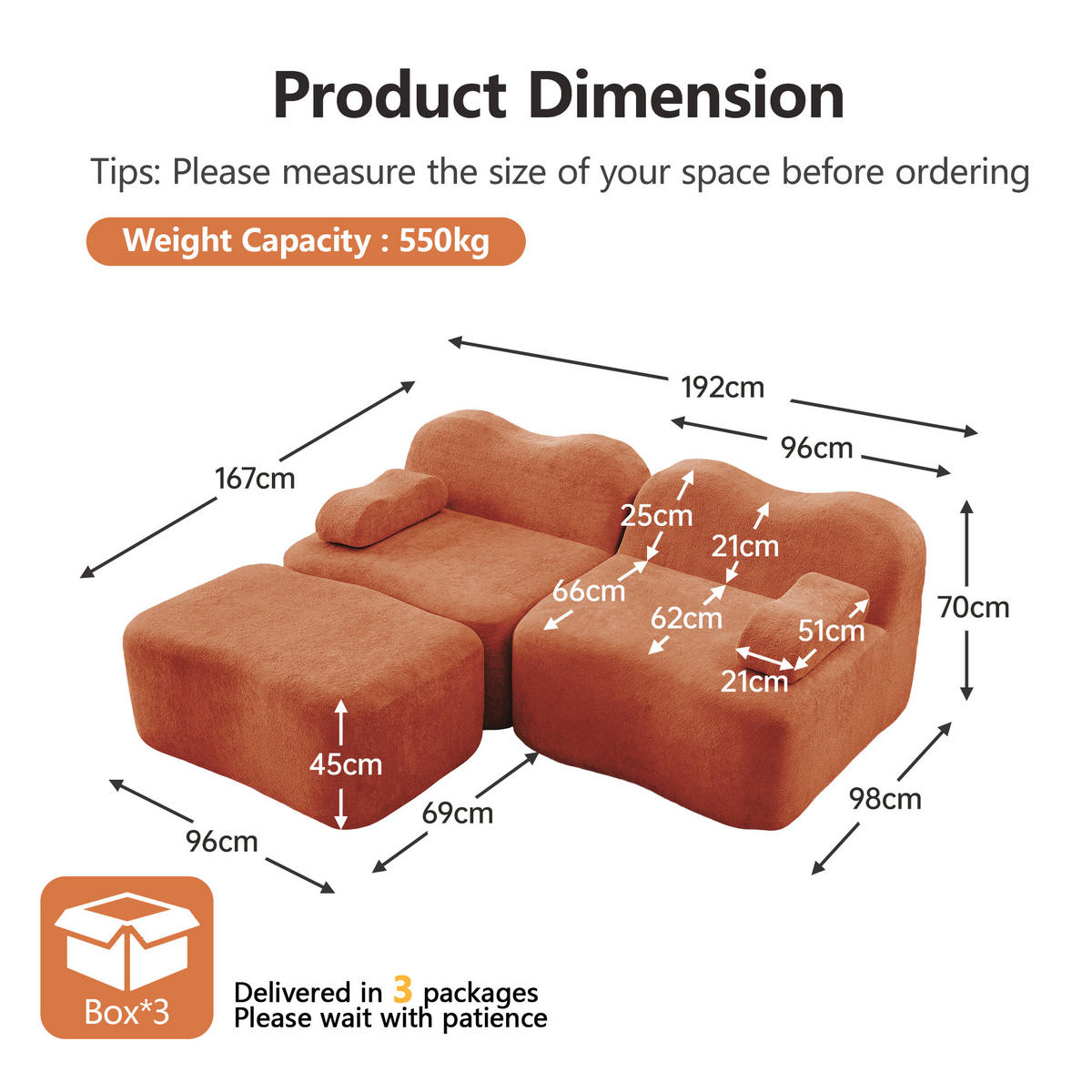 ECKSOFA 192×167×70 cm Samt rahmenlos modular mit 1 Ottoman, orange - Orange, Textil (167/192cm) - Luhomfu