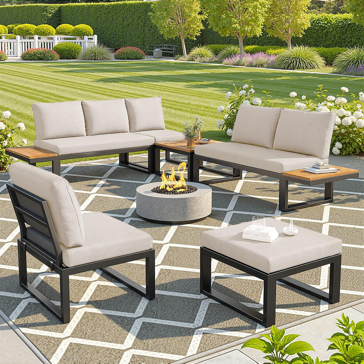 GARTENLOUNGE 6tlg Grau Beige Ecksofa Tisch Hocker verstellbar - Beige, Metall - FLIEKS
