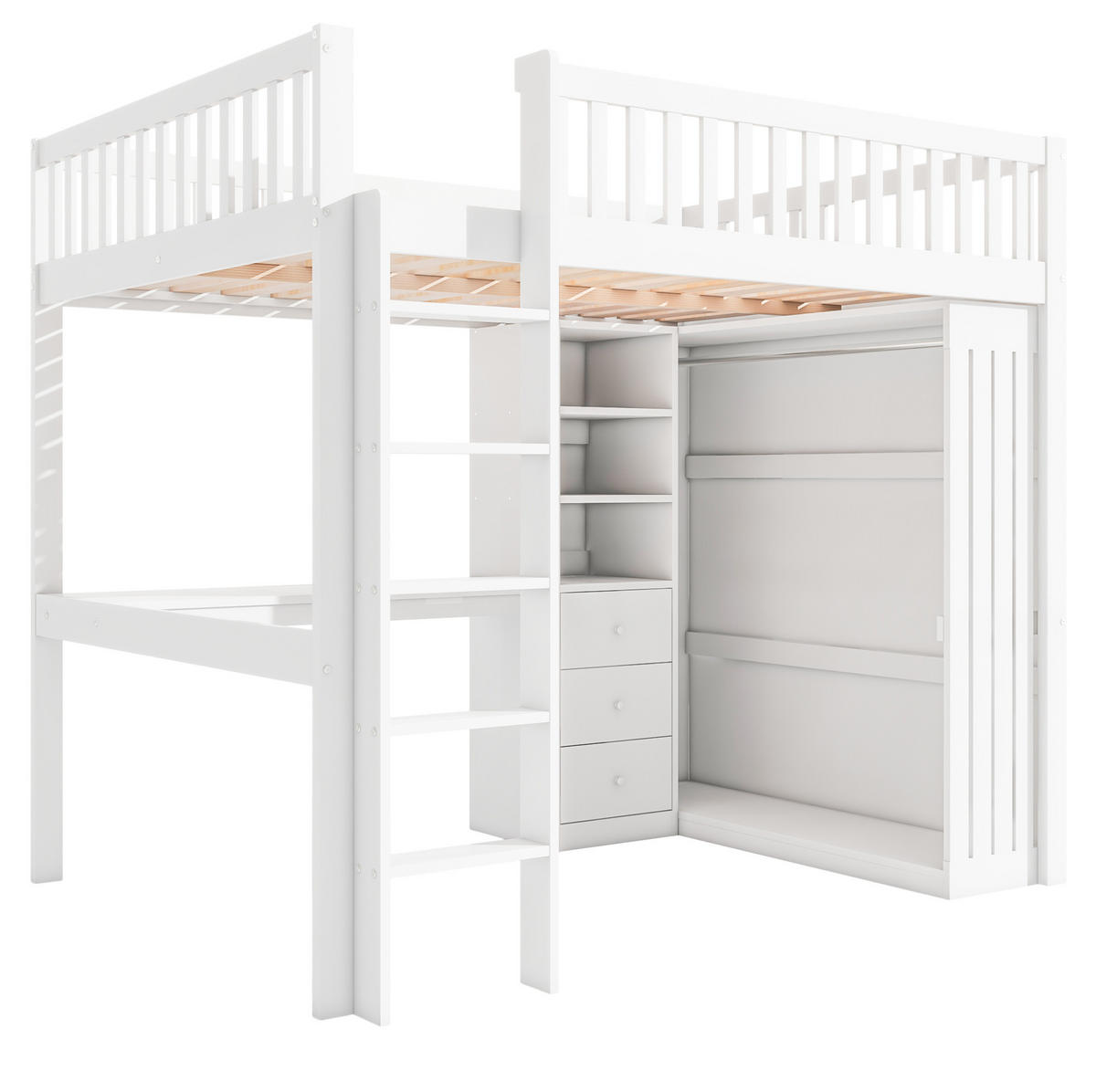 HOCHBETT 140/200 cm, Weiß mit Schreibtisch und Kleiderschrank - Weiß, Holz (140/200cm) - MIVRAY