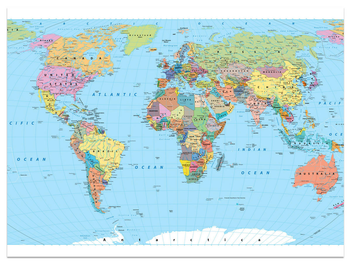 FOTOTAPETE für Wohnzimmer Politische Weltkarte Kontinente 200x140 - Gelb/Rosa, Papier (200/140cm) - Muralo
