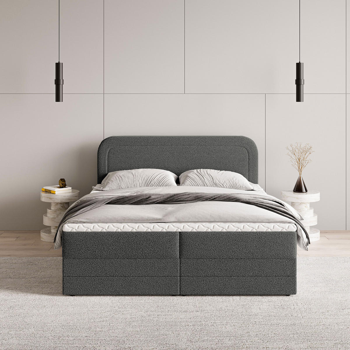 BOXBETT ARMEL 160x200 cm mit Matratze und Topper - Grau - Grau, Holz (160/200cm) - MASSENO