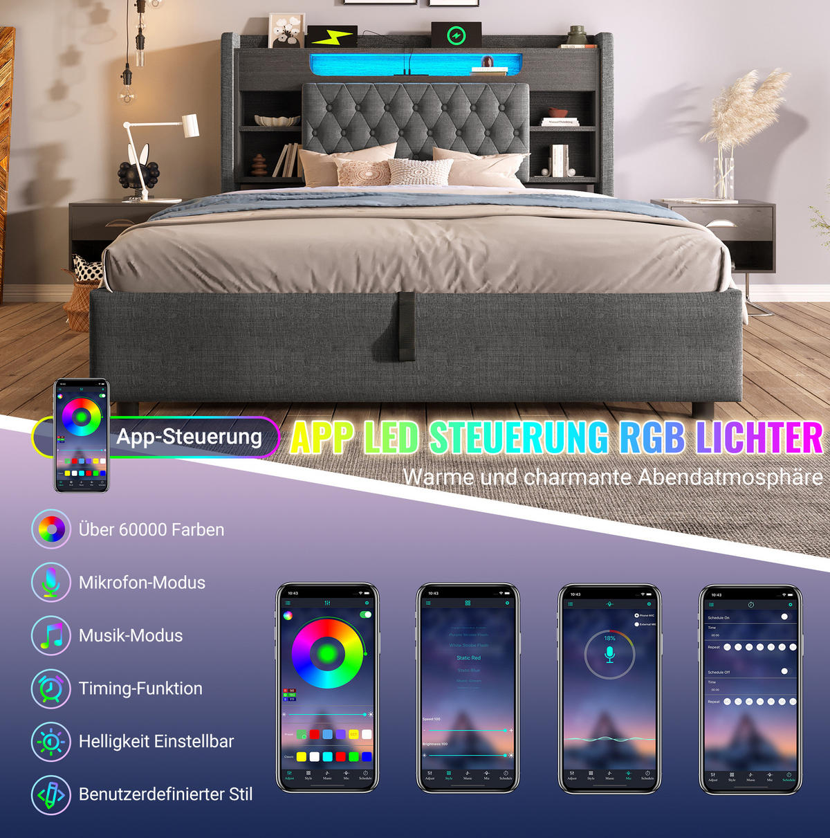 POLSTERBETT 180/200 cm aus Leinen mit Bettkasten LED und USB-C-Ladefunktion Grau - Grau, Textil (180/200cm) - Modenvie