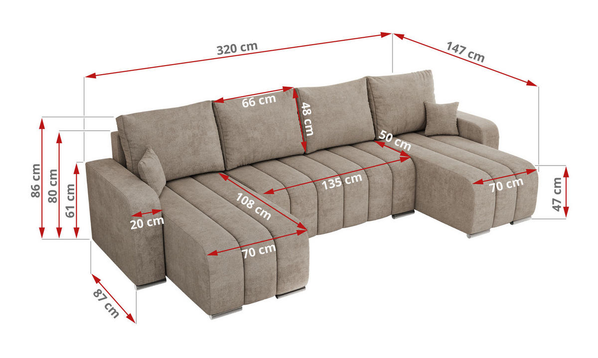 WOHNLANDSCHAFT KIRASSO U Beige Struktur - Beige/Grau, Textil/Metall (320/86/147cm) - MKS