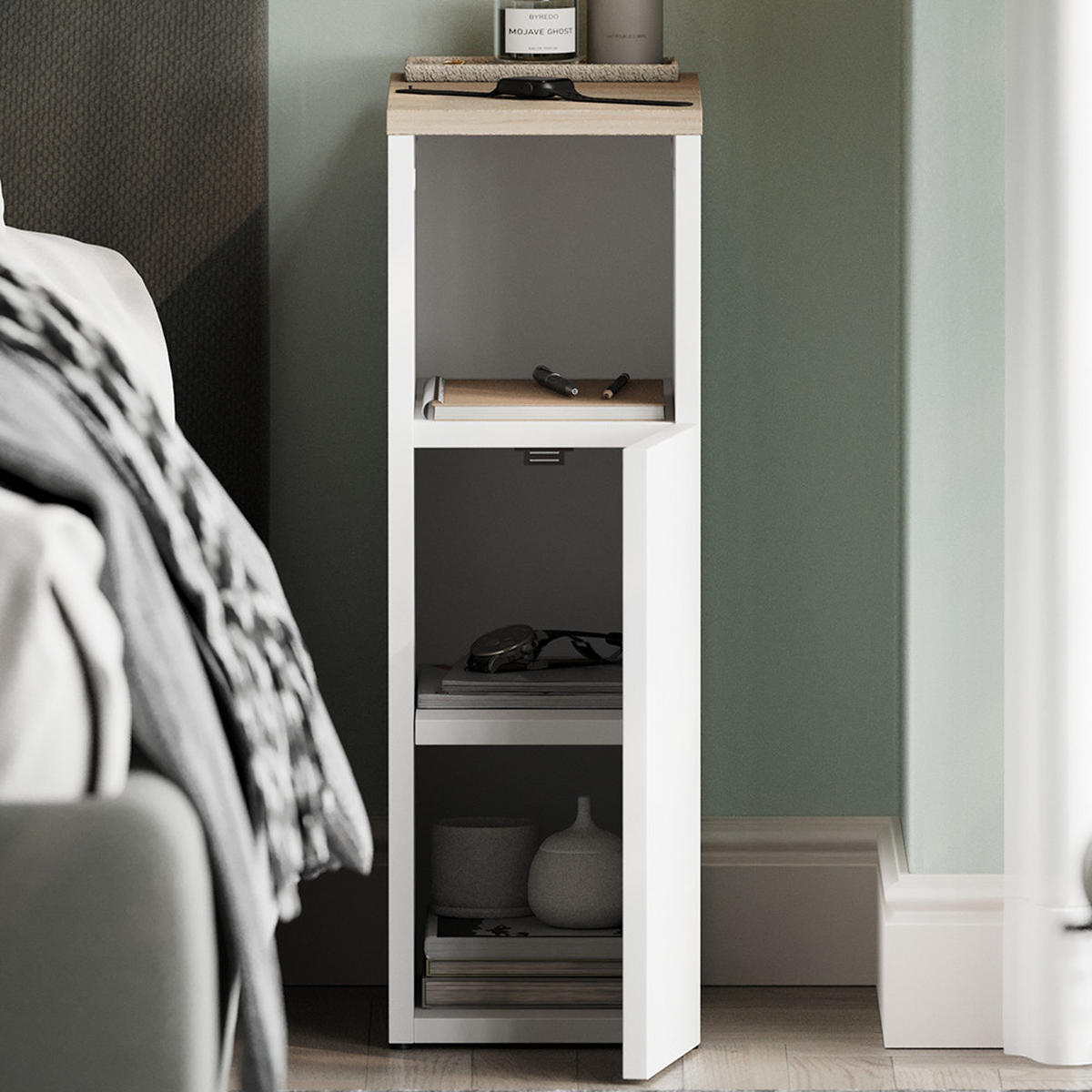 NACHTTISCH Enton Weiß/Sonoma 20 x 59.5 cm mit 1 Tür - Weiß/Sonoma Eiche, Holzwerkstoff (20/59.5/35cm) - Vicco