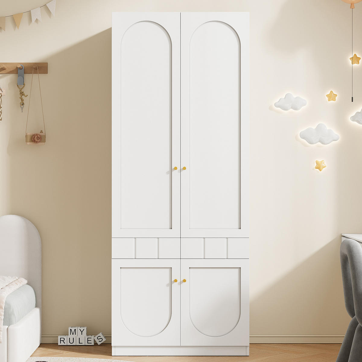 GARDEROBENSCHRANK Moderner Kleiderschrank mit Doppeltüren, grifflosem Design, Schubladen, Stauraum, Weiß, Faserplatte - Weiß, Holzwerkstoff/Metall (80/200/50cm) - EVRYAE