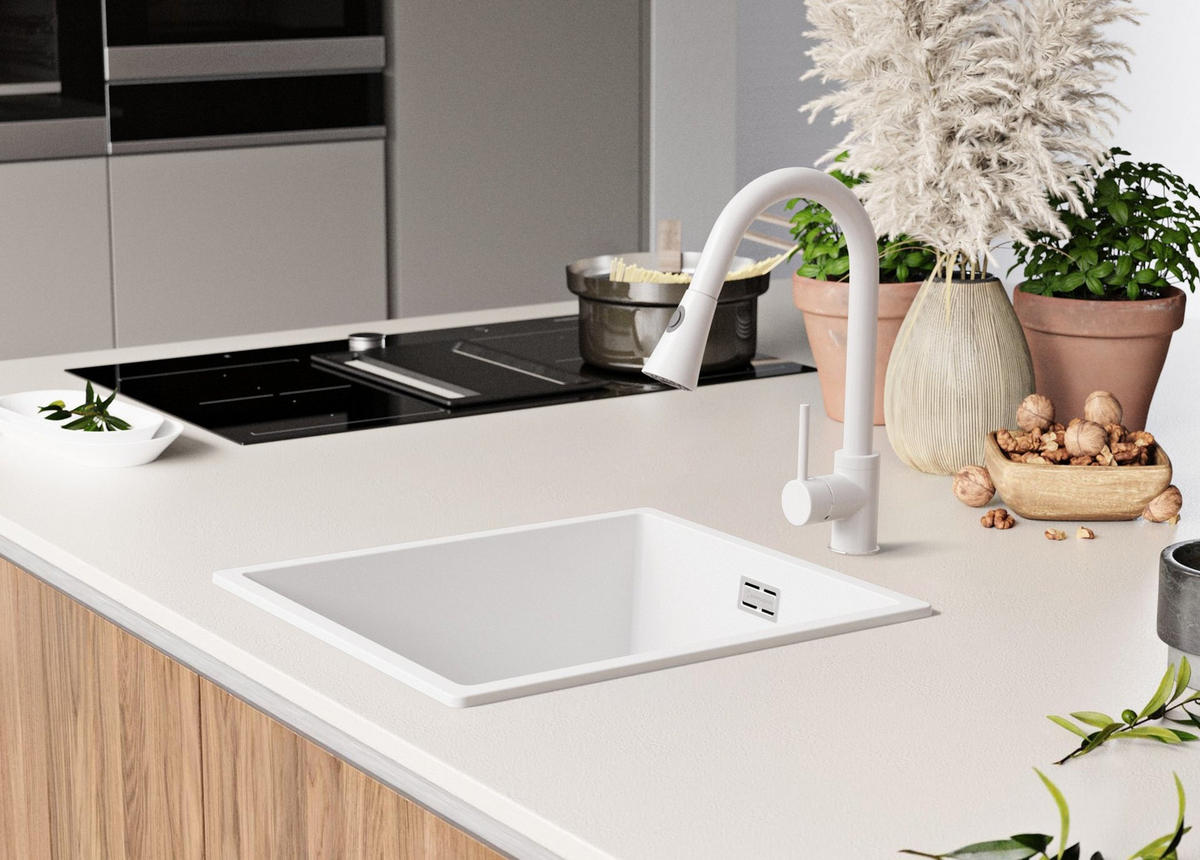 SPÜLBECKEN London Slim, 2-er set Alles Weiß 41/47 cm 1 Becken + Ablauf-Set ab 45er Unterschrank - Weiß, Kunststoff (41/20/47cm) - Primagran