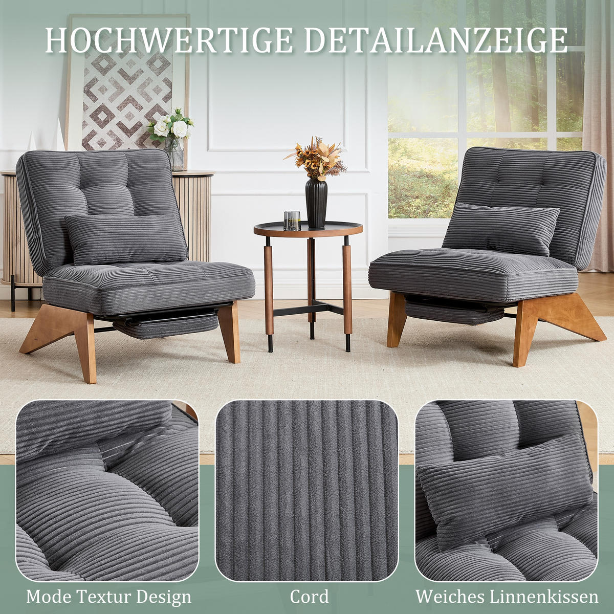 SCHAUKELSTUHL Dunkelgrau Cord mit Fußstütze, Lendenkissen und Holzbeinen - Dunkelgrau, Textil (73/90/127cm) - Oxeza