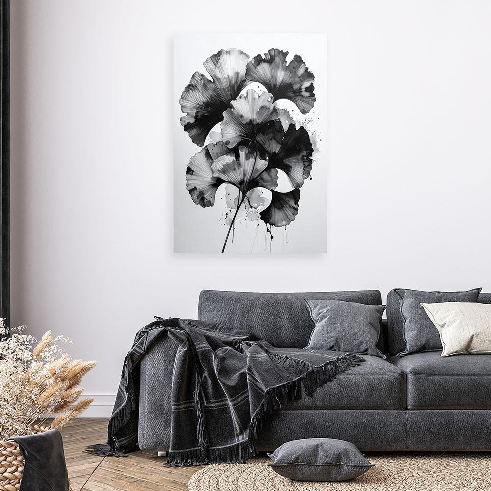 LEINWANDBILD Ginkgo Blätter Schwarz-Weiß 80x120cm - Schwarz, Textil (80/120cm) - Feeby