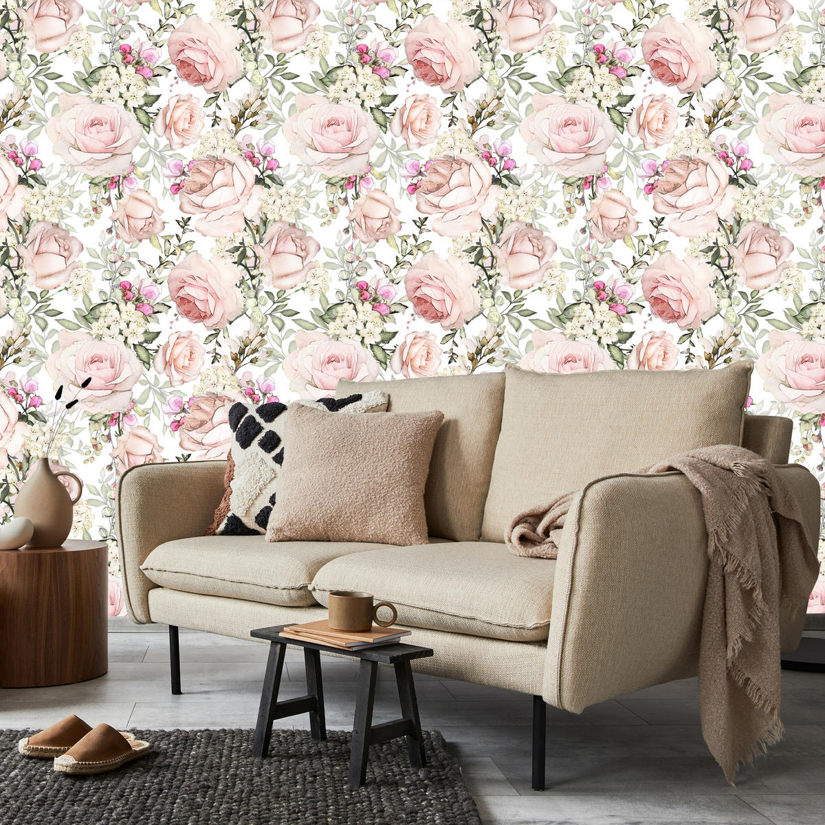 VLIESTAPETE Rosen und Blätter – Rosa, Grün, Weiß – 50x1000 cm - Rosa/Weiß, Papier (50/1000cm) - Muralo