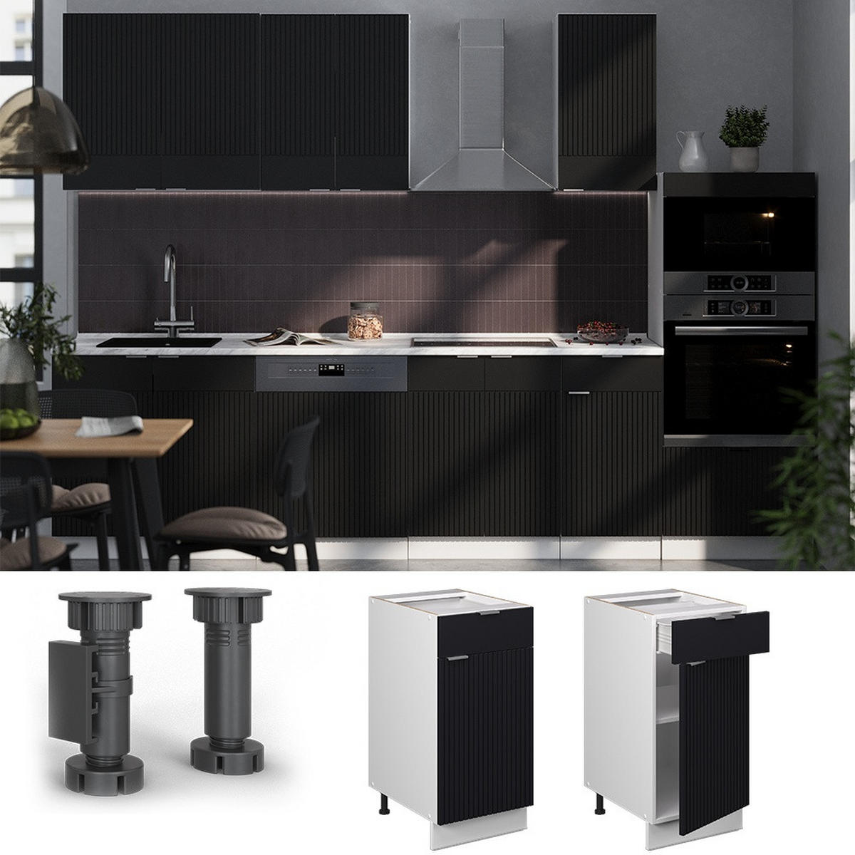 UNTERSCHRANK FÜR SPÜLE/KOCHFELD Fame-Line Schwarz gestreift 40 cm ohne Arbeitsplatte - Schwarz/Weiß, Holzwerkstoff (40/82/51.6cm) - Vicco