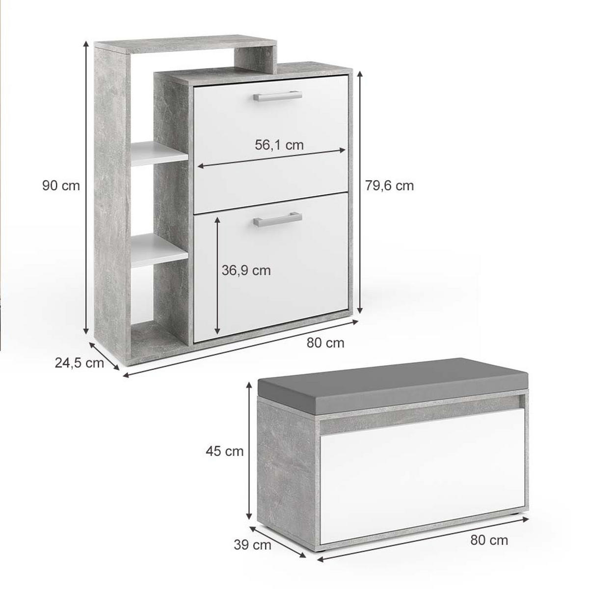 SCHUHKIPPER Orlando Beton 2 Teile, mit Sitzbank - Weiß/Grau, Holzwerkstoff (80/90/39cm) - Vicco