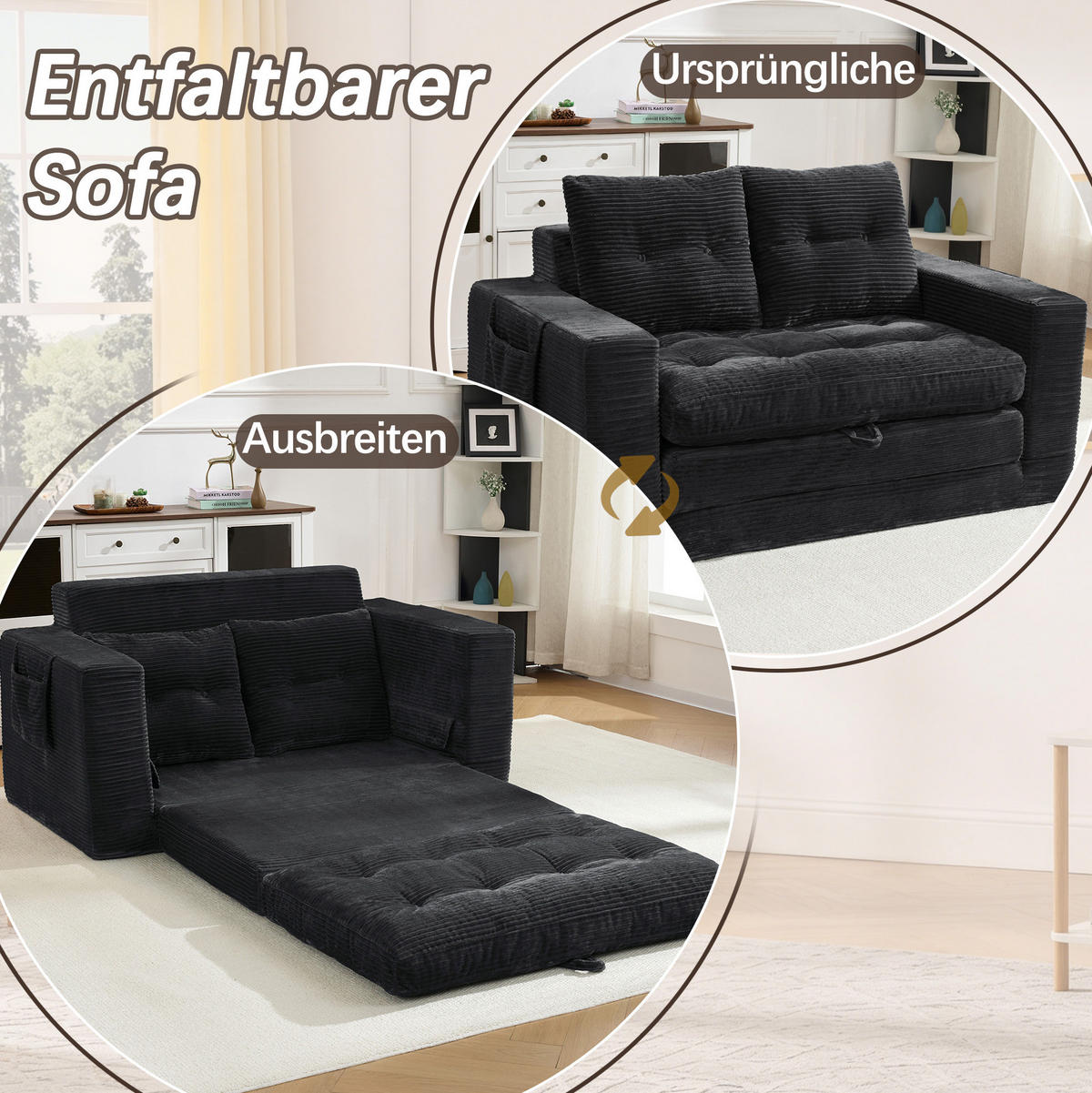 SOFA mit Ausklappfunktion und Seitentaschen Black Corduroy - Schwarz, Kunststoff (140/67/85cm) - Meubliv