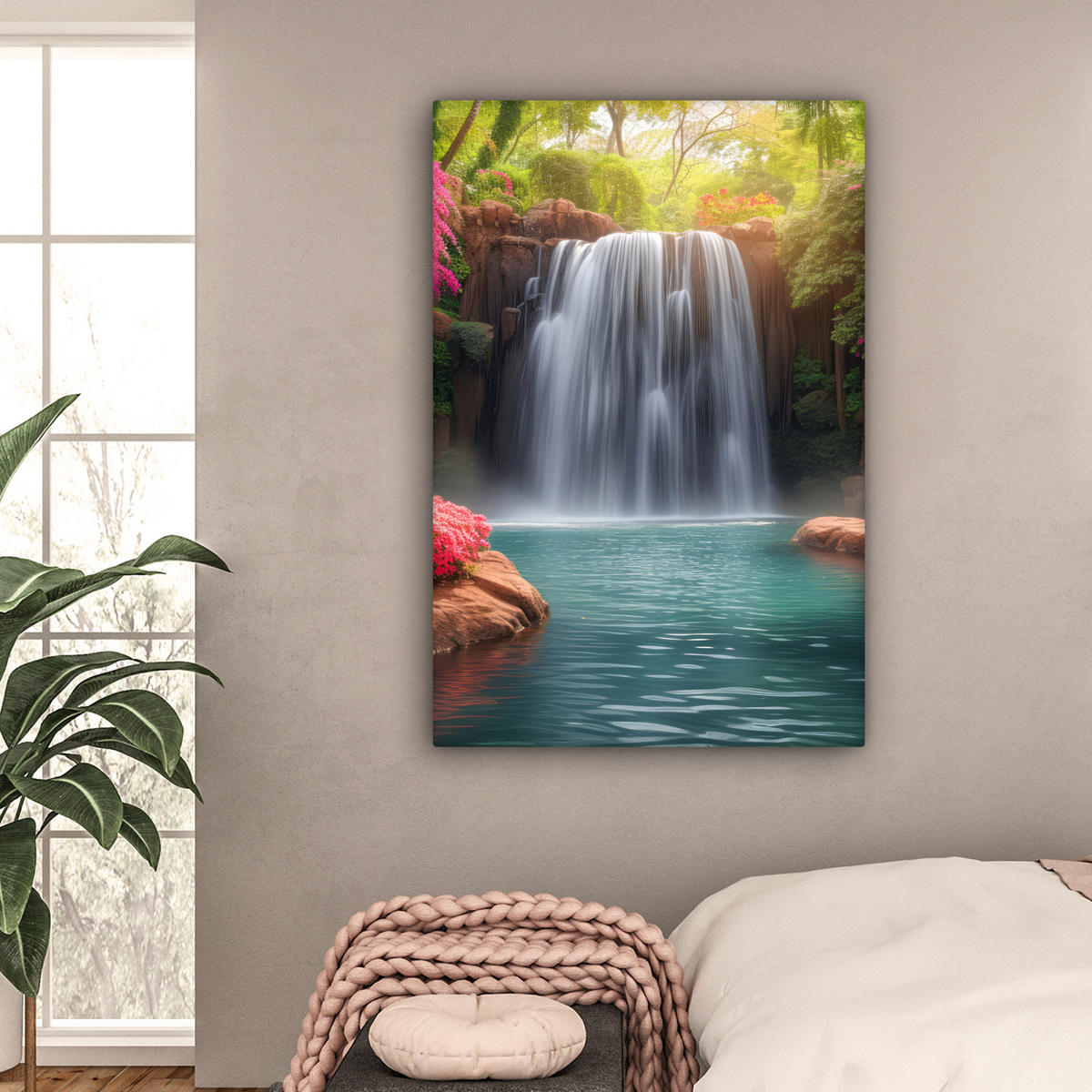 LEINWANDBILD Wasserfall - Natur - Pflanzen - Dschungel - Wasser Deko Groß 90x140 cm - Grün, Textil (90/140cm) - MuchoWow